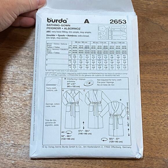 Burda sewing pattern #2653 unsex bathrobe UNCUT size US 12-20 - Picture 4 of 6